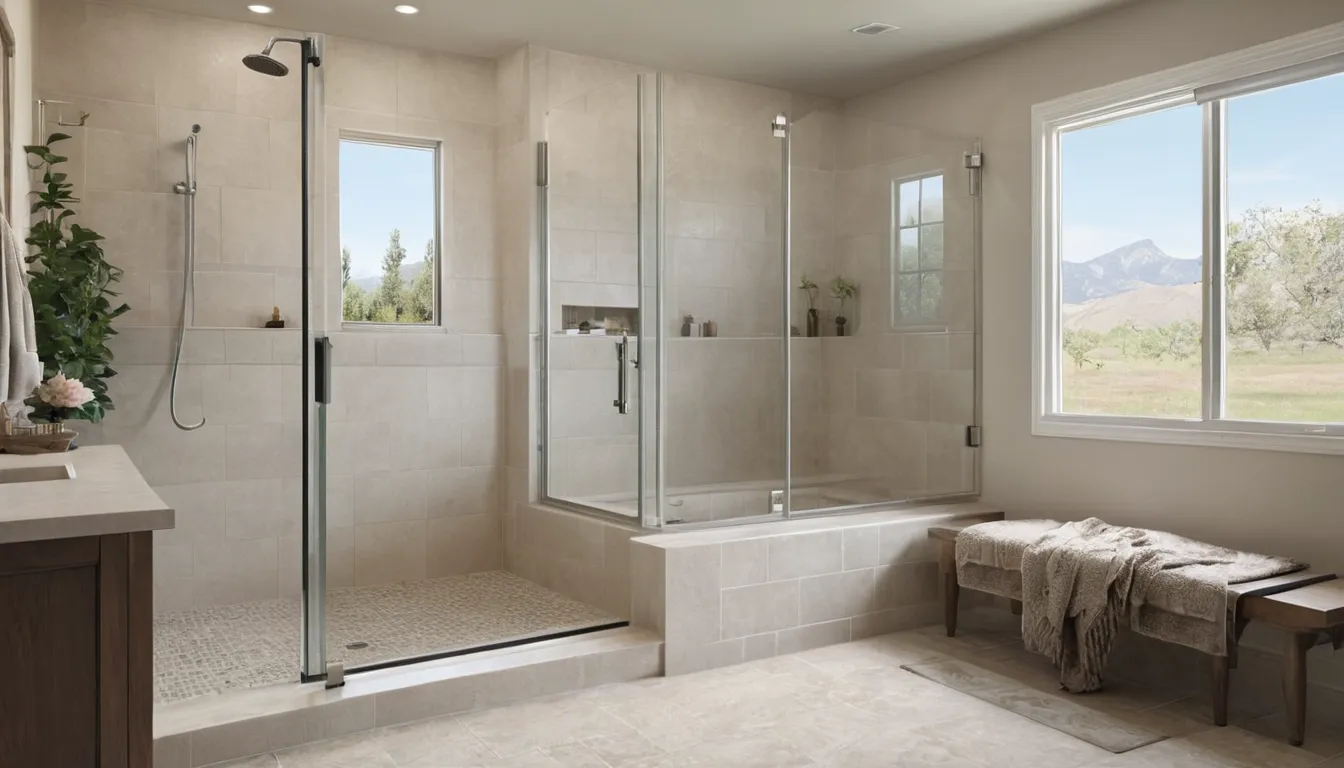 A friendly homeowner couple looking over a new walk-in shower in a bright Riverside bathroom
